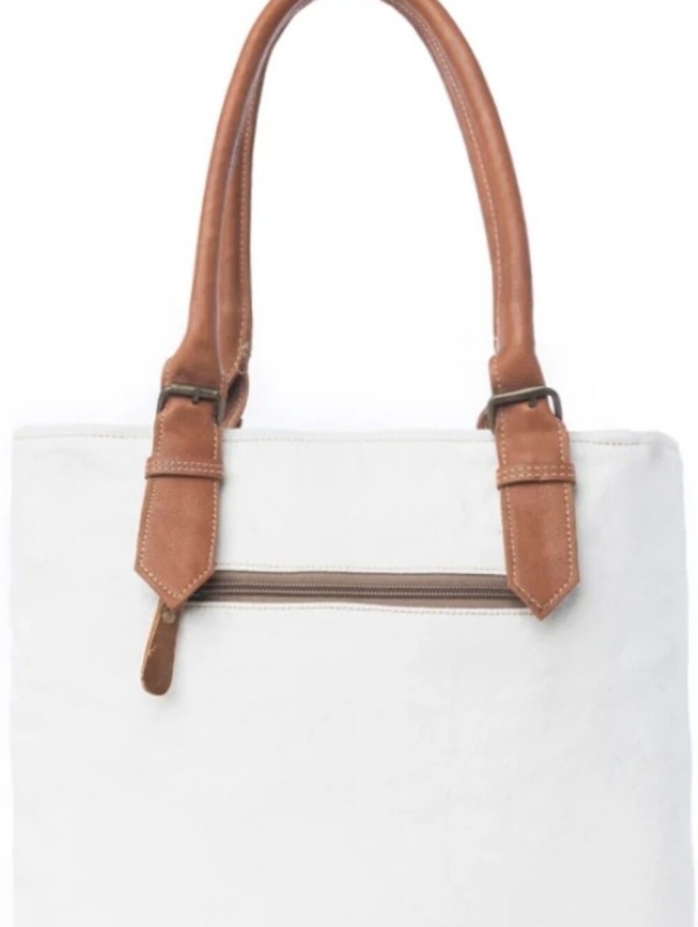NWT Myra Bag Canvas Tote with Brown Leather Handles and Cream Body - Picture 3 of 9